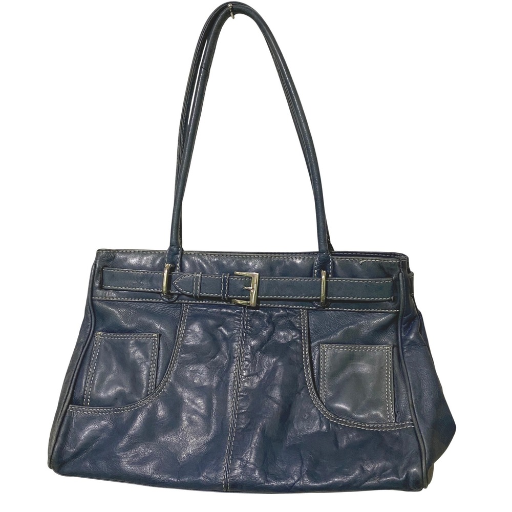 Vtg 80s 90s Genuine Leather Shoulder Bag Tote Contrast Stitching Buckle Detail